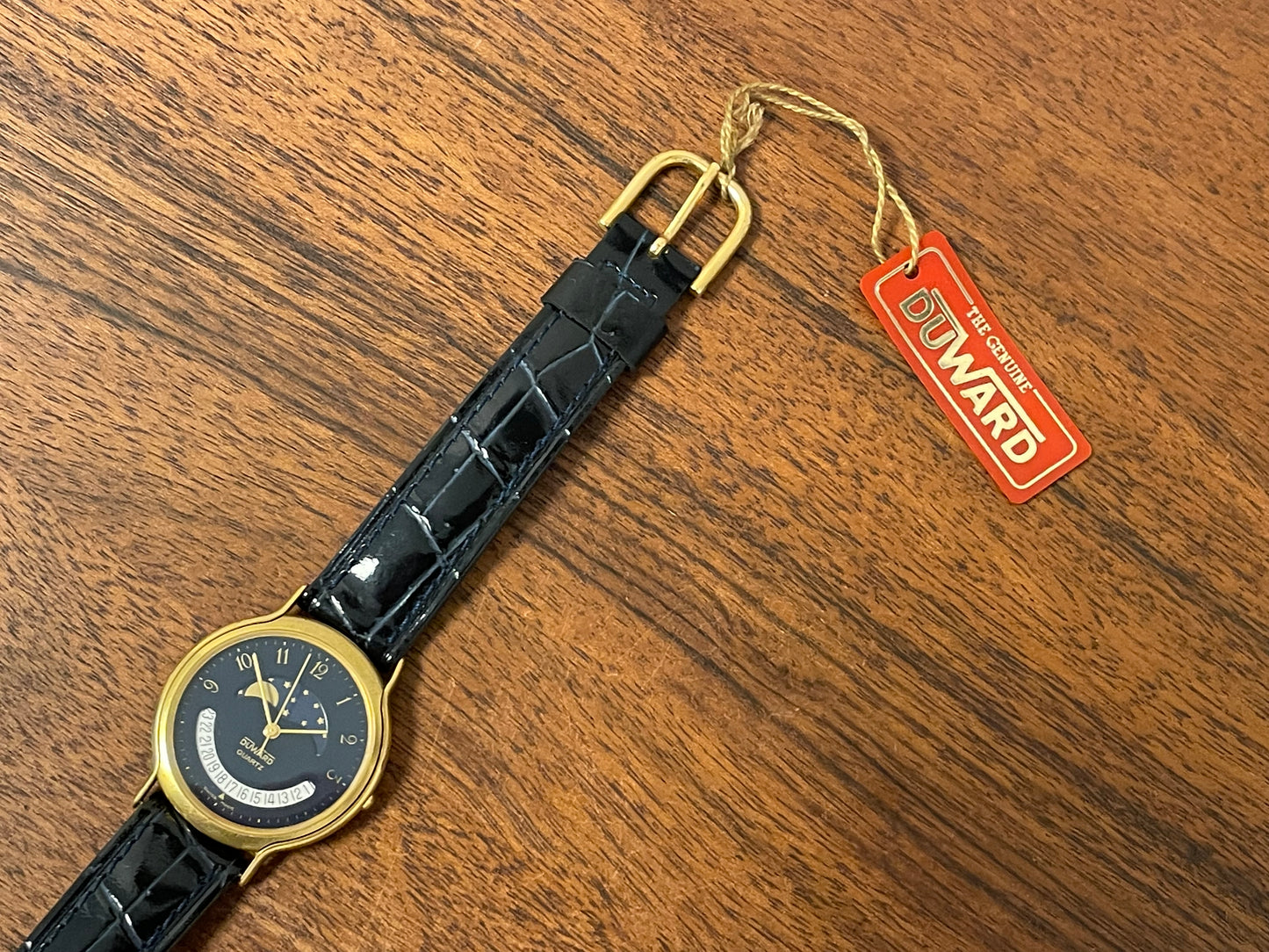 (1980s/1990s) Duward 66052 dress watch - dark blue dial w/ moon phase complication (NOS)