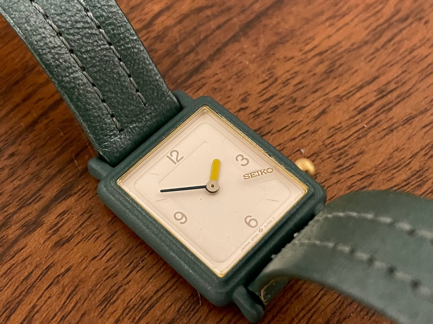 (1996) Seiko 2P20-5F60 Quartz "Tank" - green square case and strap - small size (NOS)