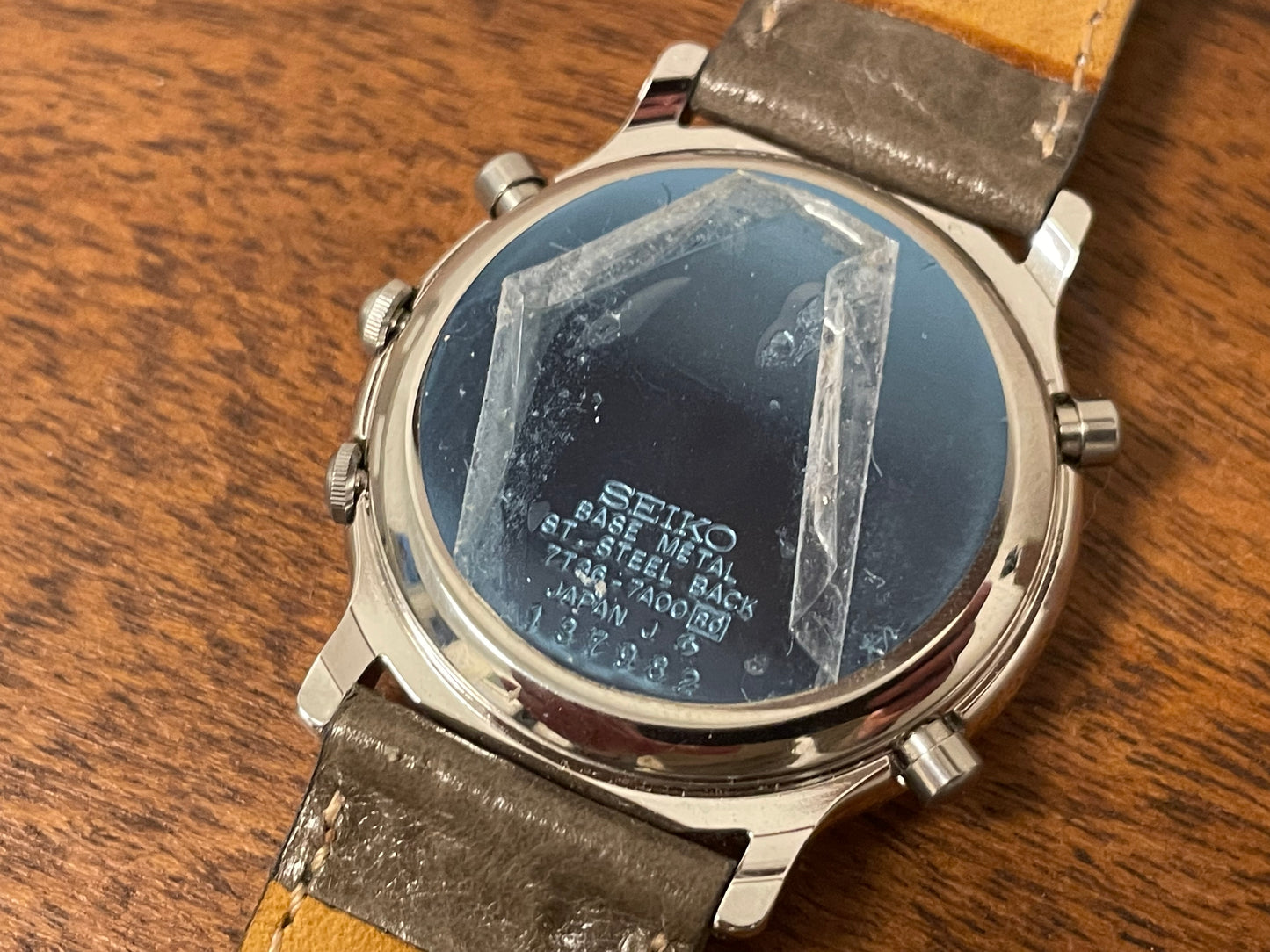 (1991) Seiko 7T36-7A00 chronograph, moon phase & alarm - silver case w/ white dial (NOS)