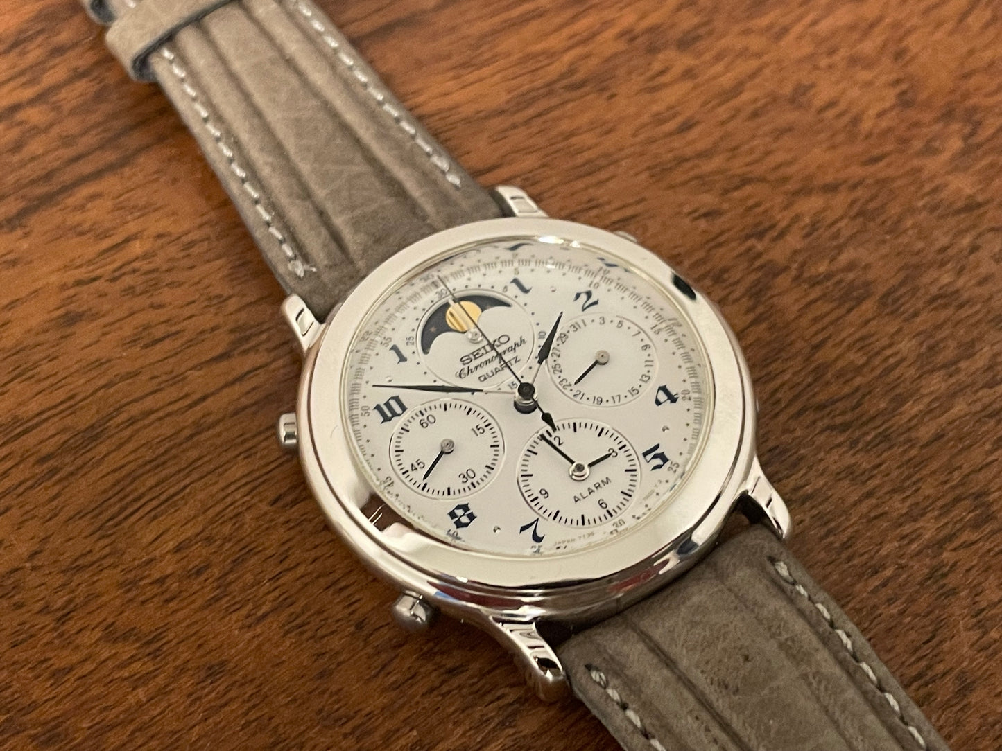 (1991) Seiko 7T36-7A00 chronograph, moon phase & alarm - silver case w/ white dial (NOS)