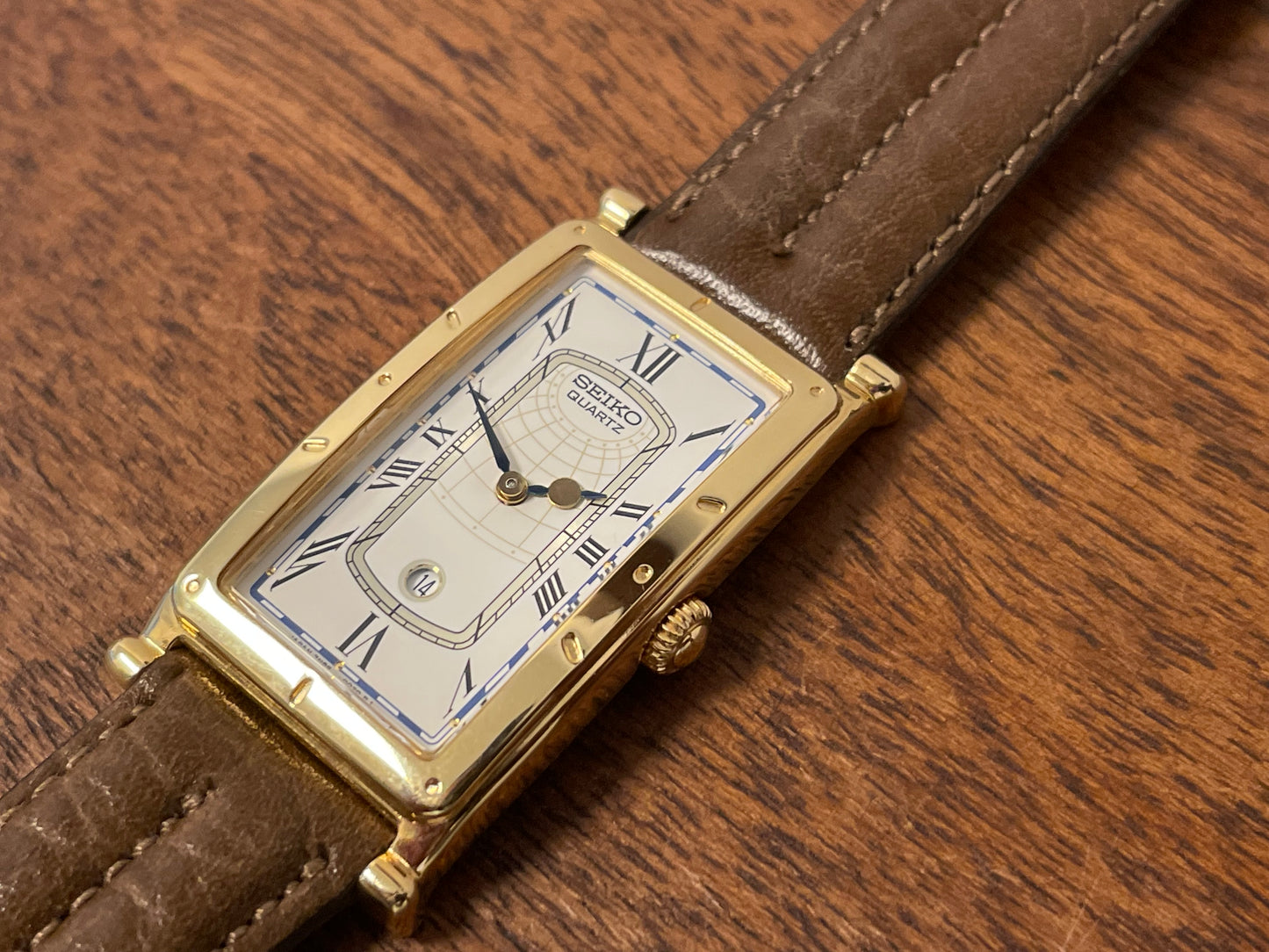 (1994) Seiko 7N89-5000 Age of Discovery "Tank" dress watch - white dial w/ Roman numerals (NOS)