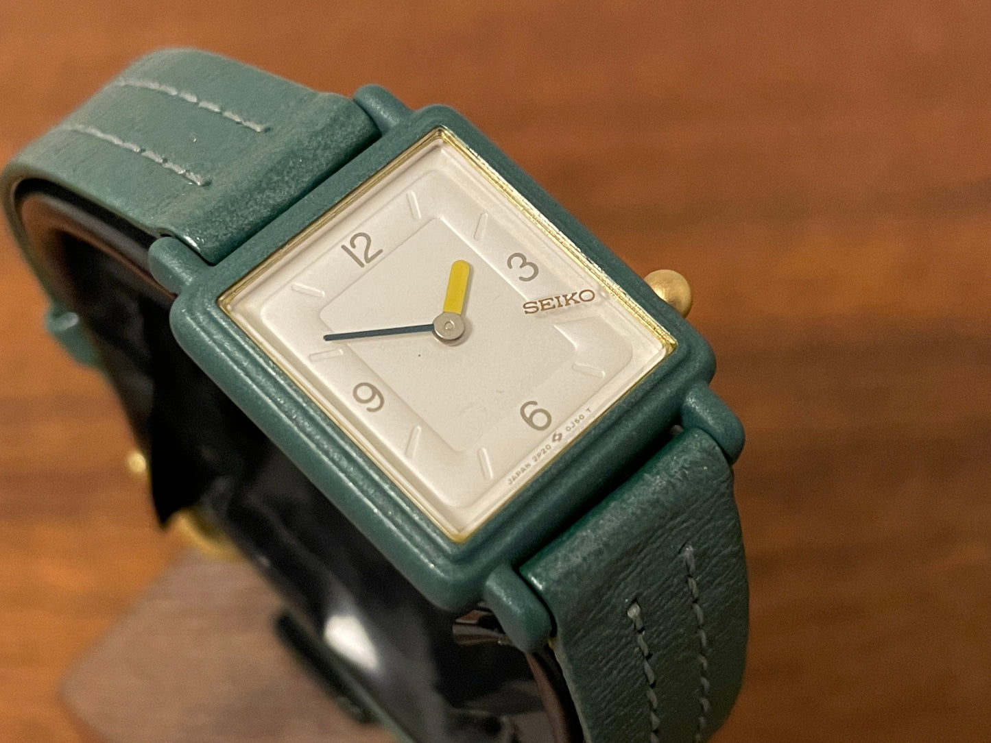 (1996) Seiko 2P20-5F60 Quartz "Tank" - green square case and strap - small size (NOS)