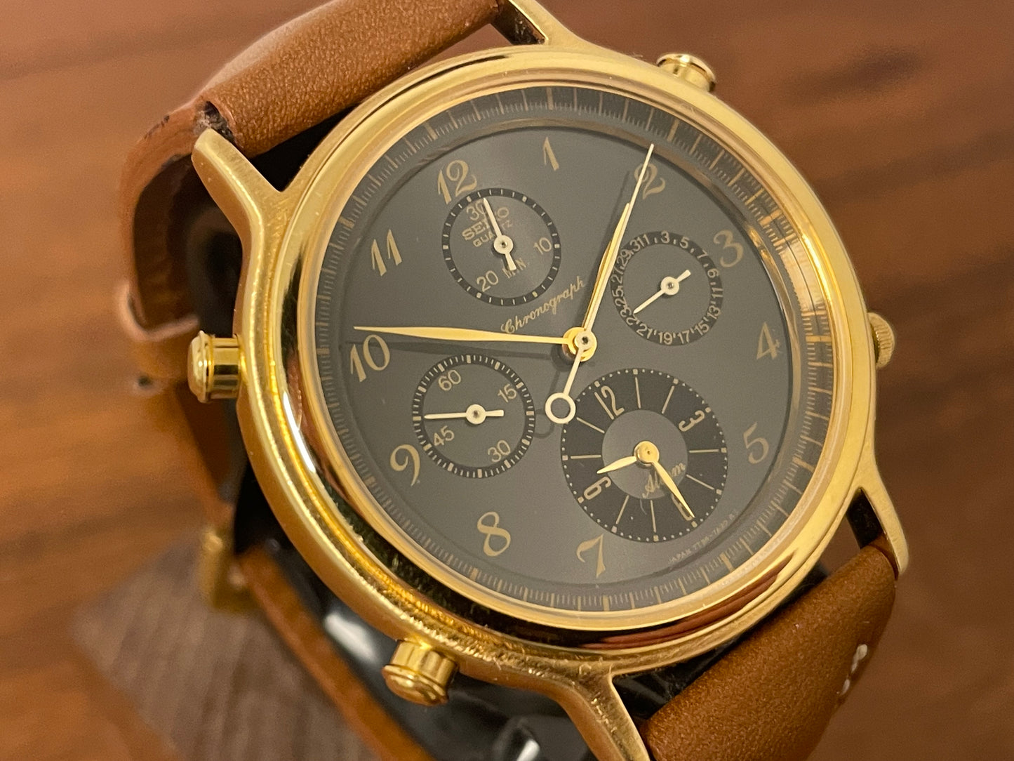 (1991) Seiko 7T34-7A3B chronograph alarm - gold case w/ grey sunburst dial (NOS)