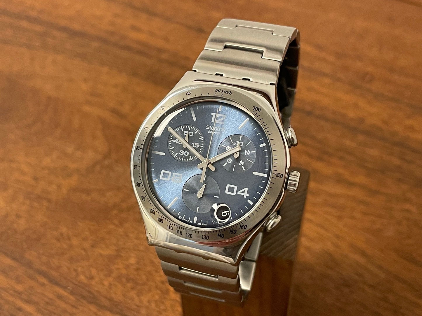 Front view Swatch YCS438G Irony Chrono "Blustery" - blue sunburst dial