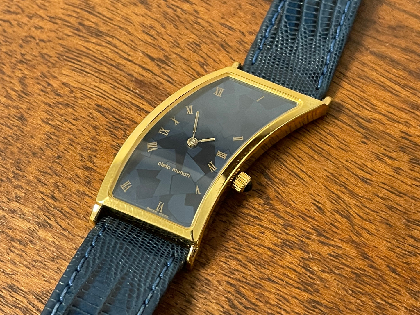 (1991) Cleto Munari "Parentesi" by Hans Hollein - asymmetrical 18K gold electroplated case - blue enamel dial (NOS + full set)