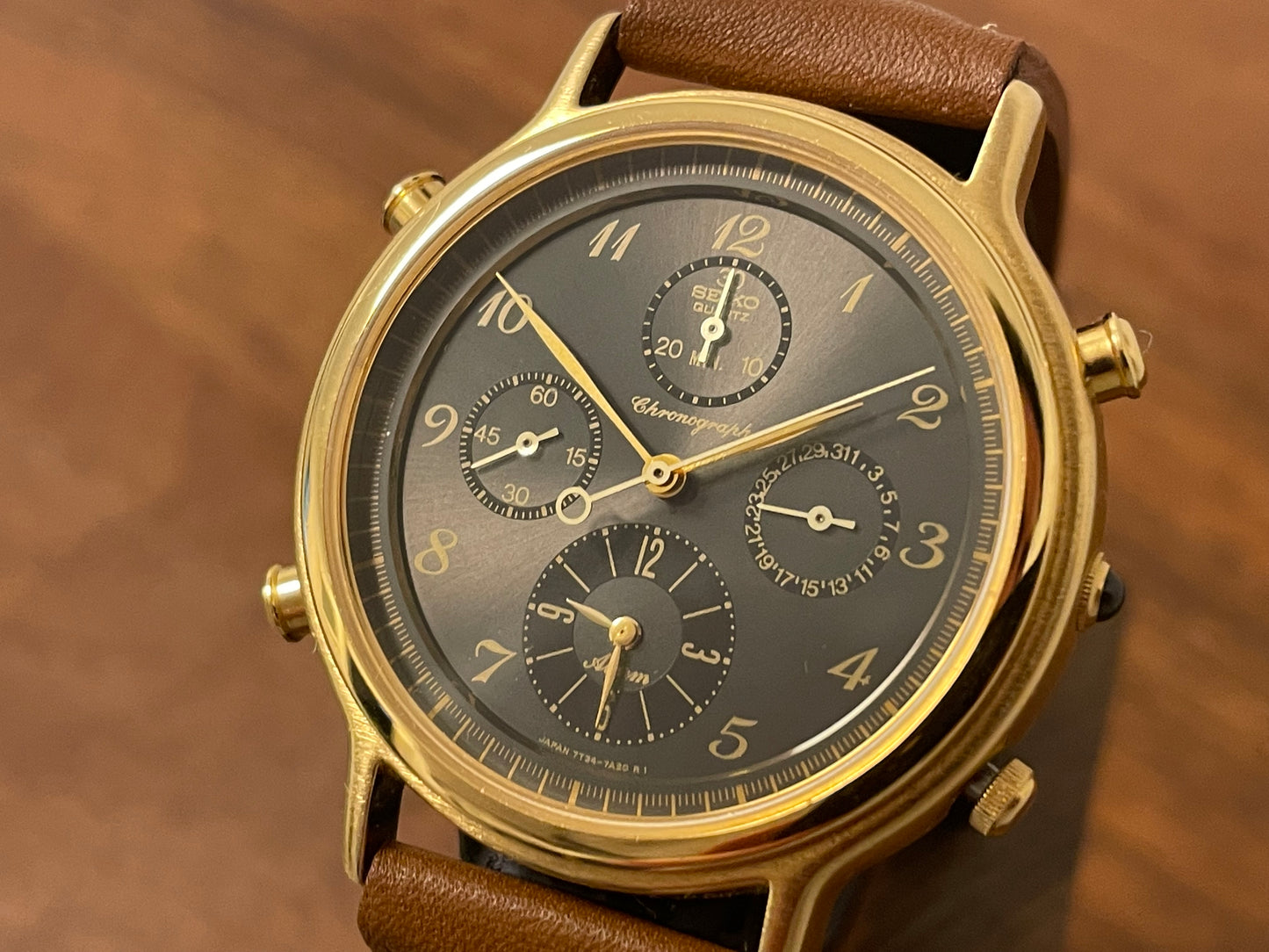 (1991) Seiko 7T34-7A3B chronograph alarm - gold case w/ grey sunburst dial (NOS)