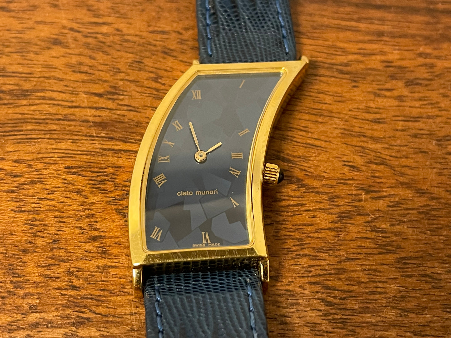 (1991) Cleto Munari "Parentesi" by Hans Hollein - asymmetrical 18K gold electroplated case - blue enamel dial (NOS + full set)