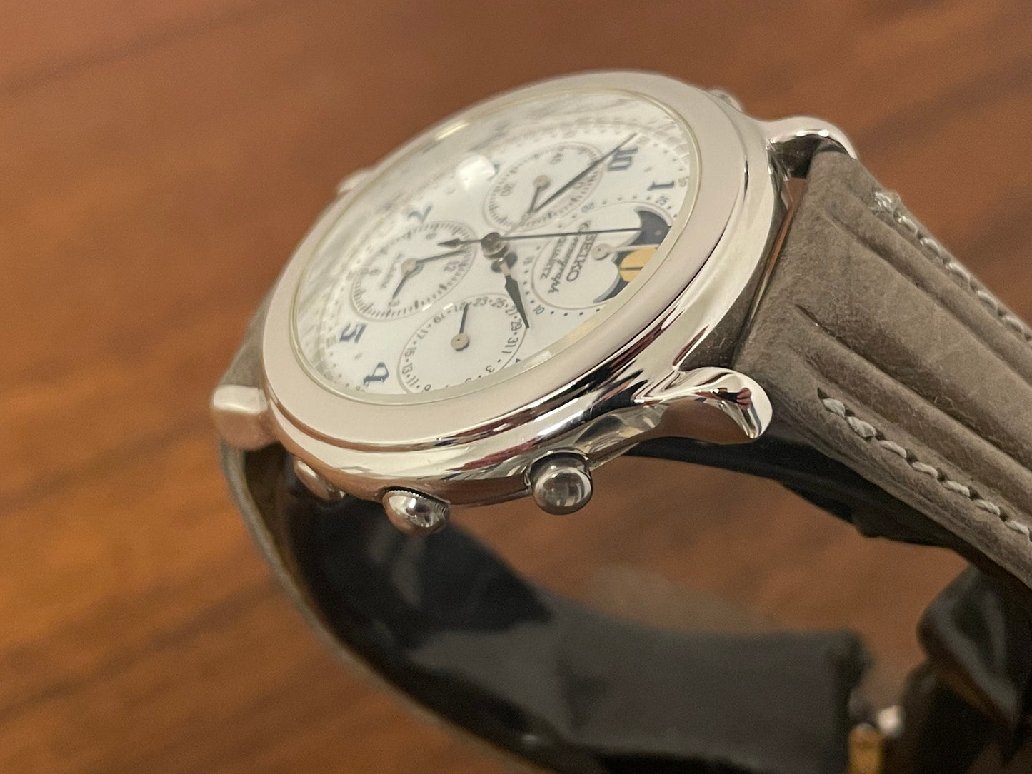 (1991) Seiko 7T36-7A00 chronograph, moon phase & alarm - silver case w/ white dial (NOS)