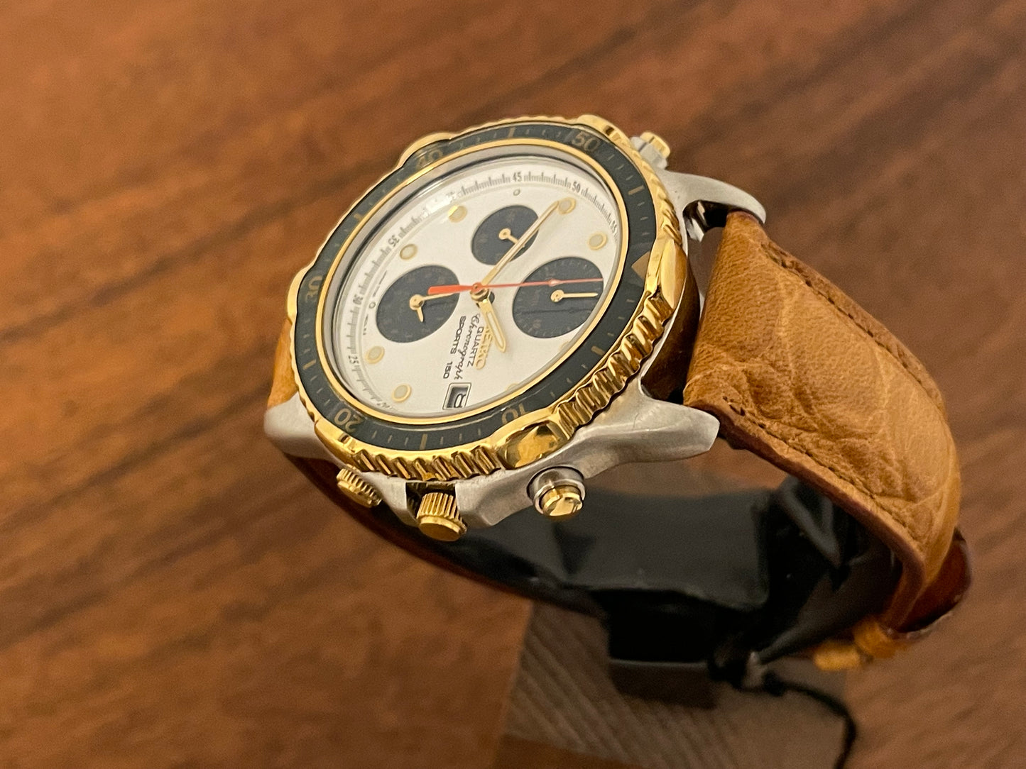 (1991) Seiko 7T32-6B9A quartz chronograph Sports 180 - white dial w/ petrol blue subdials (NOS)