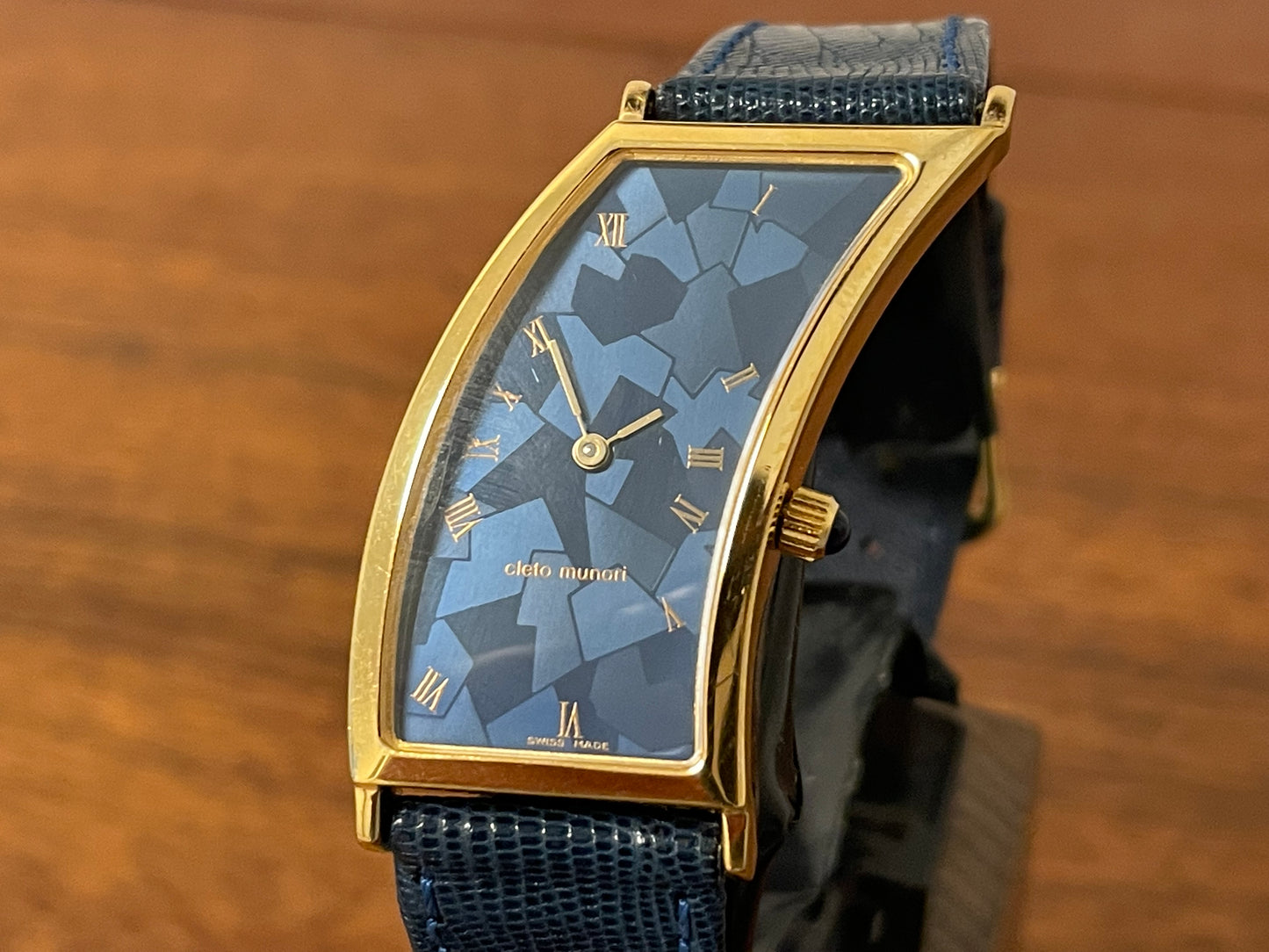 (1991) Cleto Munari "Parentesi" by Hans Hollein - asymmetrical 18K gold electroplated case - blue enamel dial (NOS + full set)