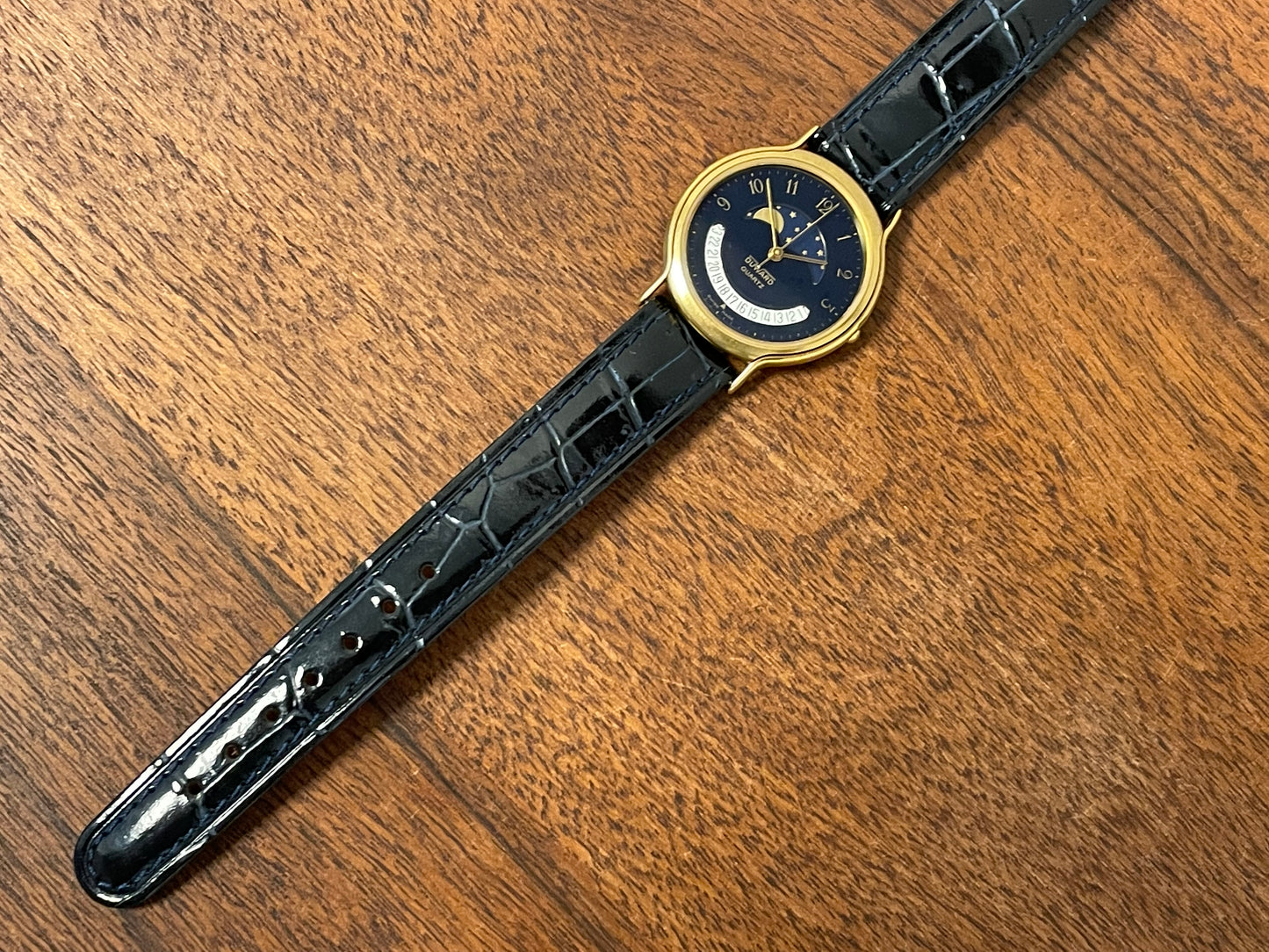(1980s/1990s) Duward 66052 dress watch - dark blue dial w/ moon phase complication (NOS)