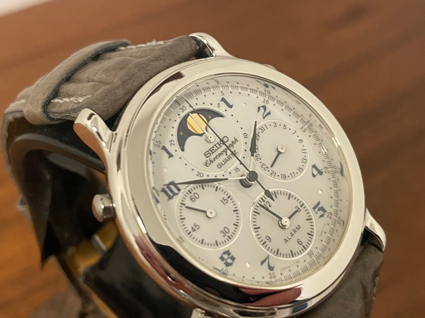 (1991) Seiko 7T36-7A00 chronograph, moon phase & alarm - silver case w/ white dial (NOS)