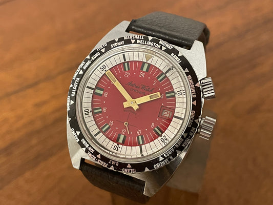 1970s Astrée Watch GMT/world timer front view