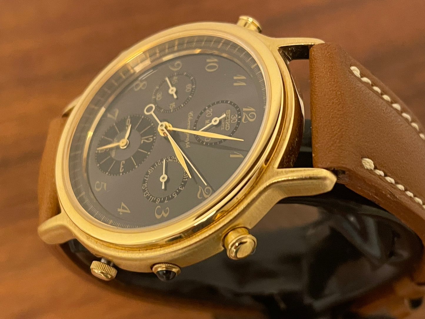 (1991) Seiko 7T34-7A3B chronograph alarm - gold case w/ grey sunburst dial (NOS)