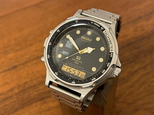 (1989) vintage Seiko H601-802A " Baby Arnie" SQ Sports 150 Alarm Chronograph (serviced) front view