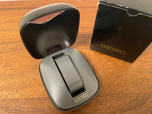 Vintage 80s/90s Seiko watch box - black pebble shape with brown outer box (NOS)