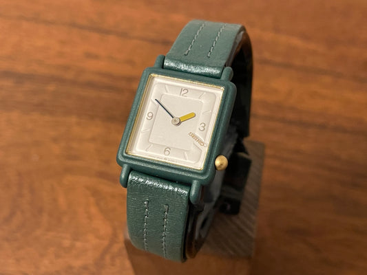 (1996) Seiko 2P20-5F60 Quartz "Tank" - green square case and strap - small size (NOS)