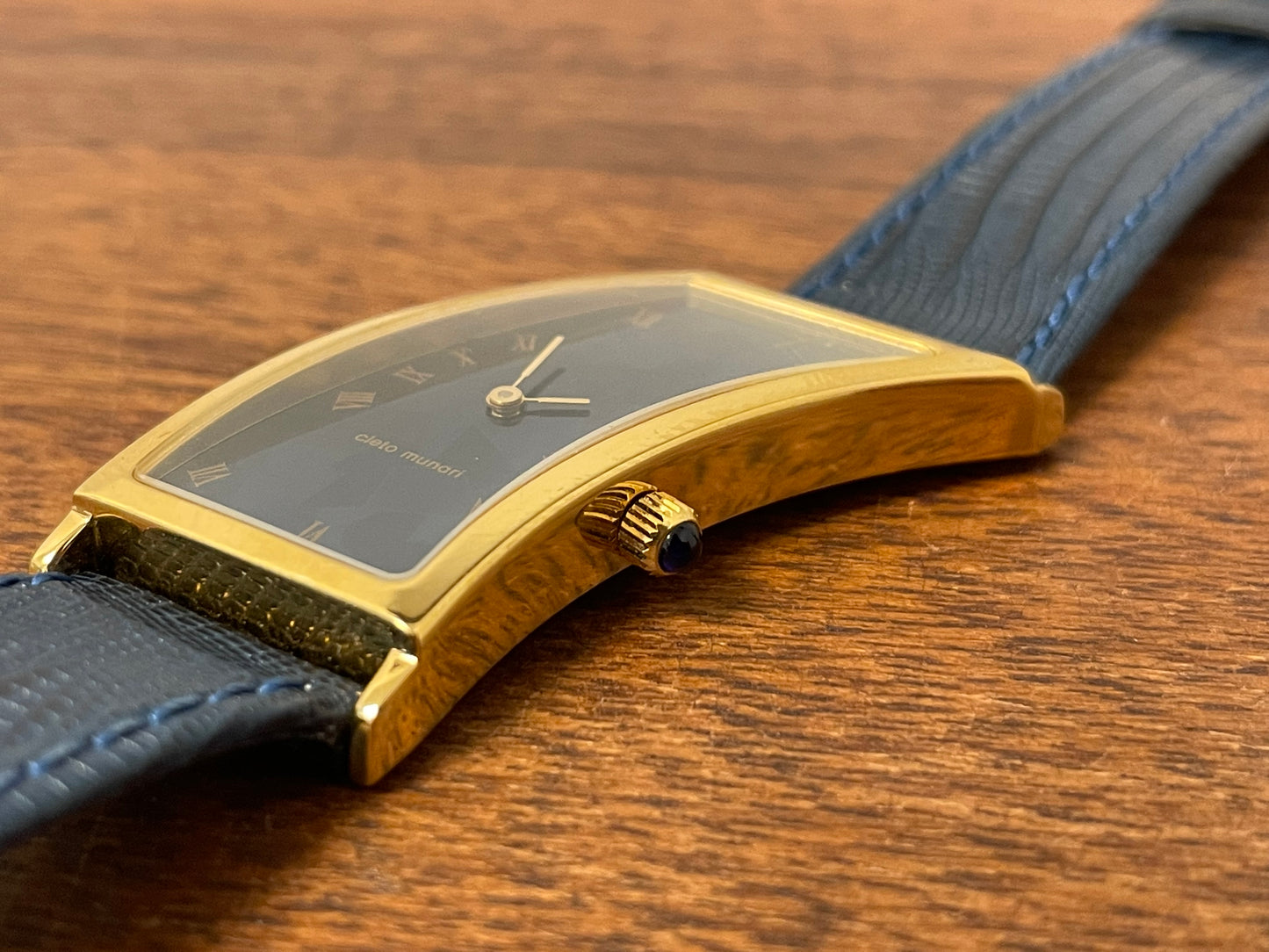 (1991) Cleto Munari "Parentesi" by Hans Hollein - asymmetrical 18K gold electroplated case - blue enamel dial (NOS + full set)