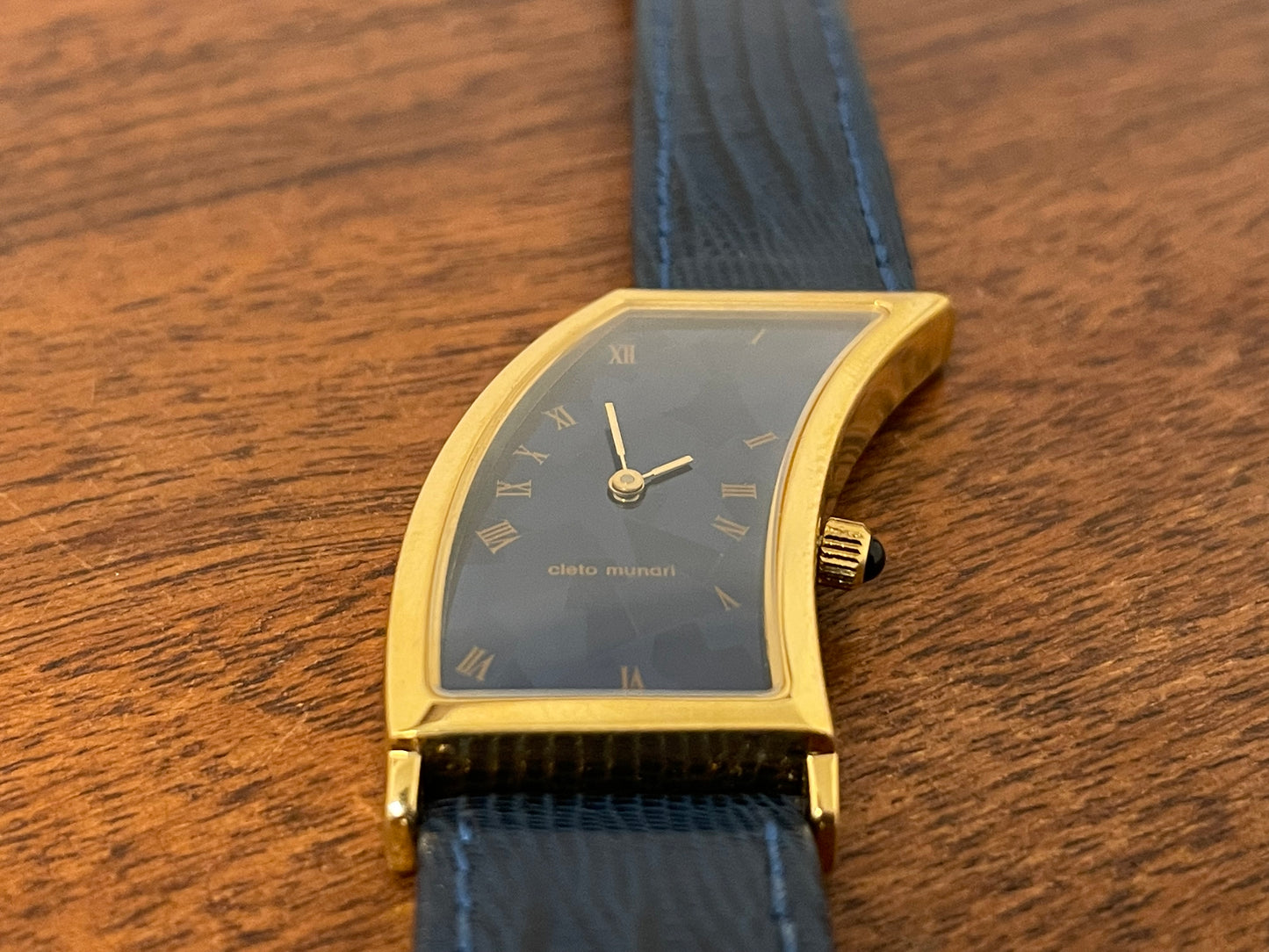 (1991) Cleto Munari "Parentesi" by Hans Hollein - asymmetrical 18K gold electroplated case - blue enamel dial (NOS + full set)