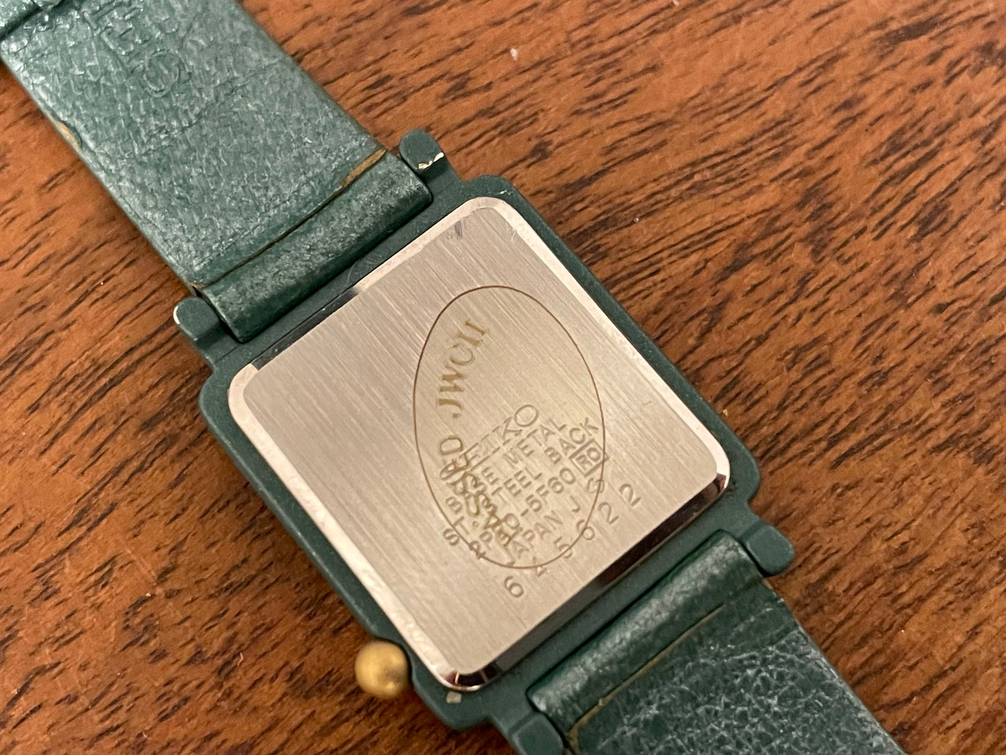 (1996) Seiko 2P20-5F60 Quartz "Tank" - green square case and strap - small size (NOS)