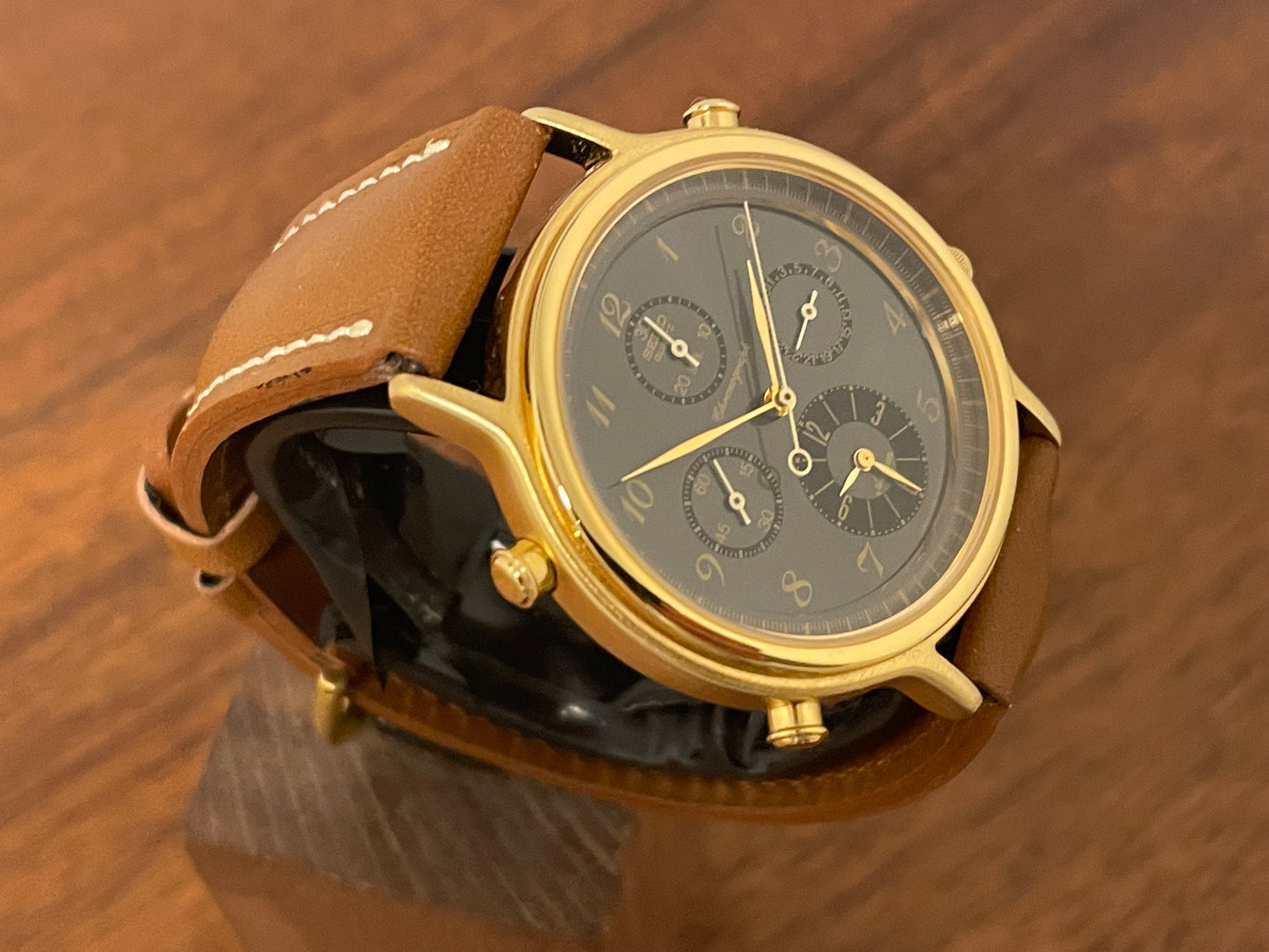 (1991) Seiko 7T34-7A3B chronograph alarm - gold case w/ grey sunburst dial (NOS)
