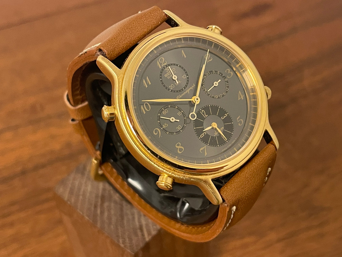 (1991) Seiko 7T34-7A3B chronograph alarm - gold case w/ grey sunburst dial (NOS)