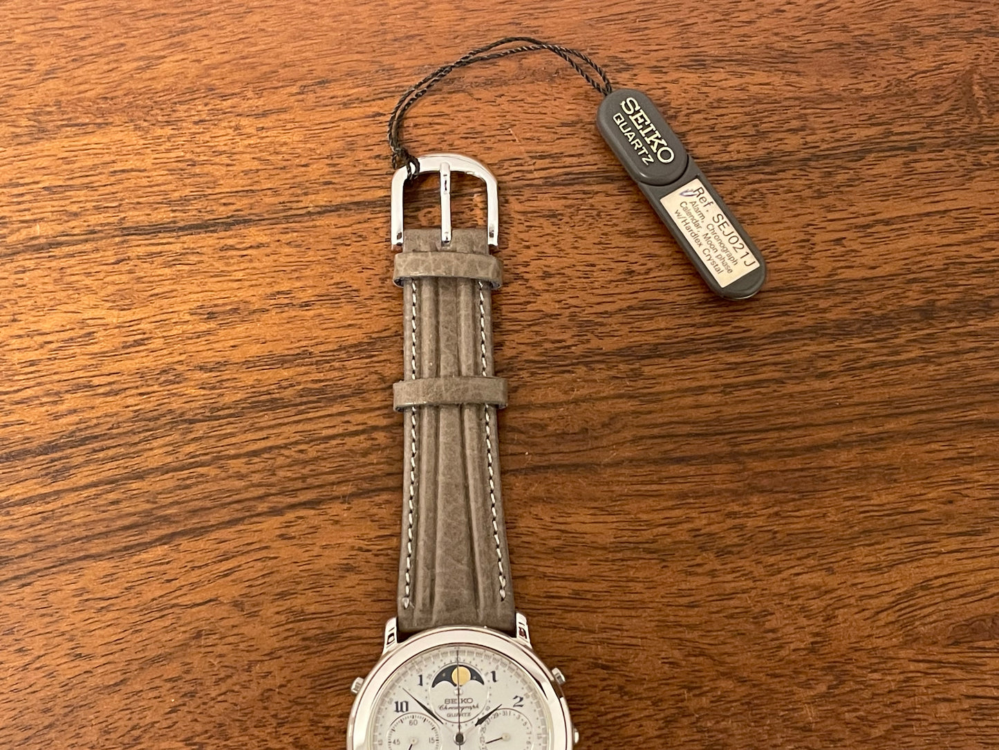 (1991) Seiko 7T36-7A00 chronograph, moon phase & alarm - silver case w/ white dial (NOS)