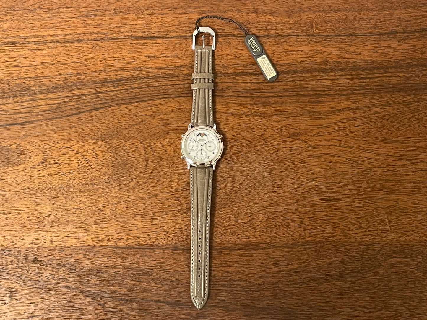 (1991) Seiko 7T36-7A00 chronograph, moon phase & alarm - silver case w/ white dial (NOS)