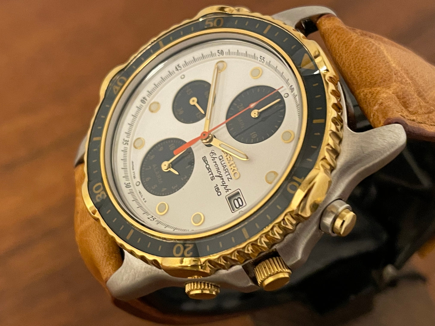(1991) Seiko 7T32-6B9A quartz chronograph Sports 180 - white dial w/ petrol blue subdials (NOS)