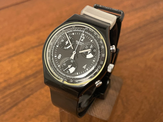 (1994) vintage Swatch SCB114 Chrono "Pure Black" (NOS + full set) front view