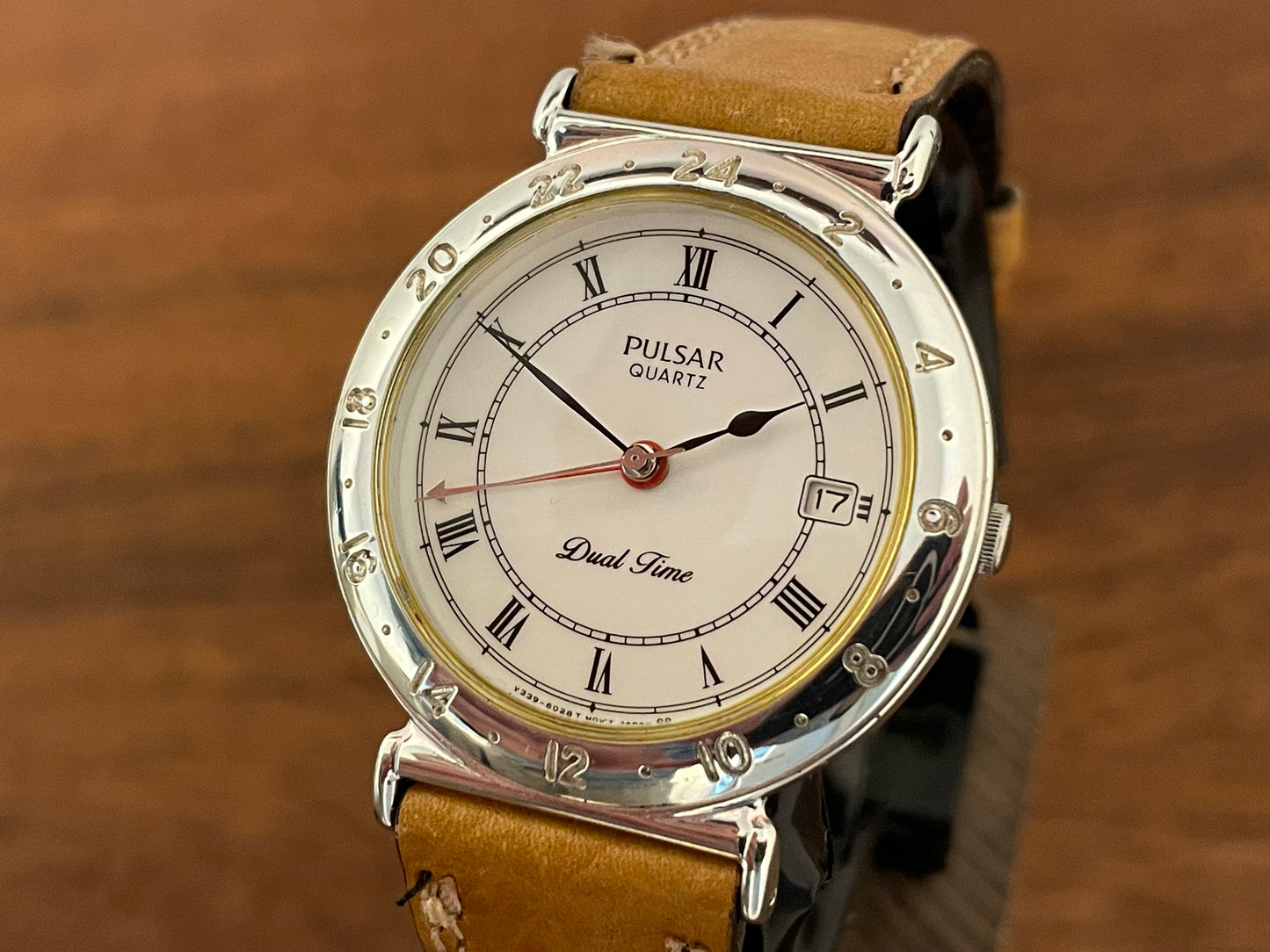 (1988) Pulsar V339-6000 GMT  “Dual Time” dress watch - white dial w/ Roman numerals (NOS)