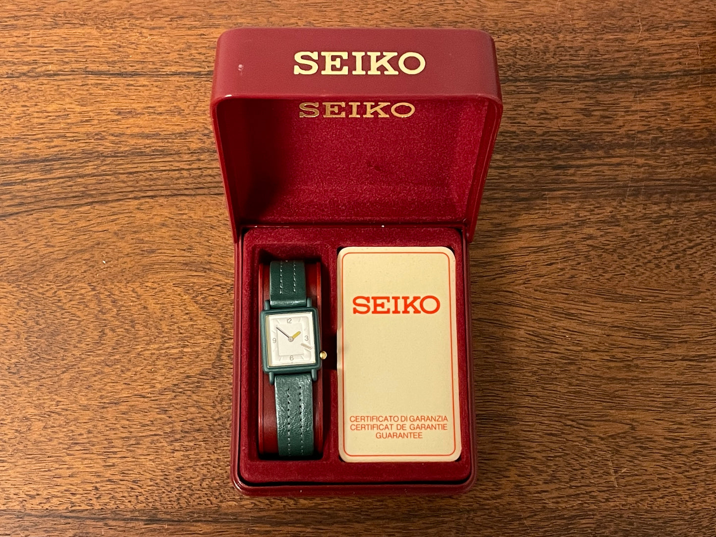 (1996) Seiko 2P20-5F60 Quartz "Tank" - green square case and strap - small size (NOS)