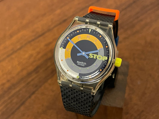 (1992) vintage Swatch SSK100 stop-watch "Coffee Break" (NOS) front view