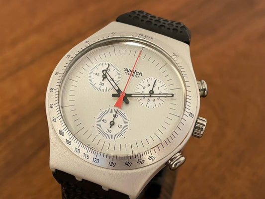(1996) vintage Swatch YCS1005 Irony Chrono "Time Cut" (NOS) front view