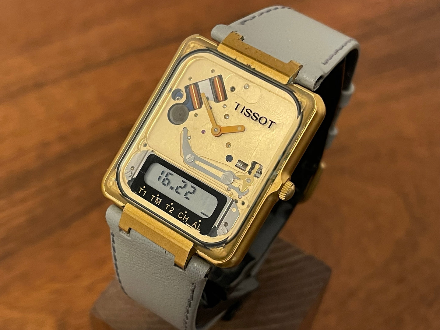 1980s Tissot TwoTimer skeleton "Tank" front view