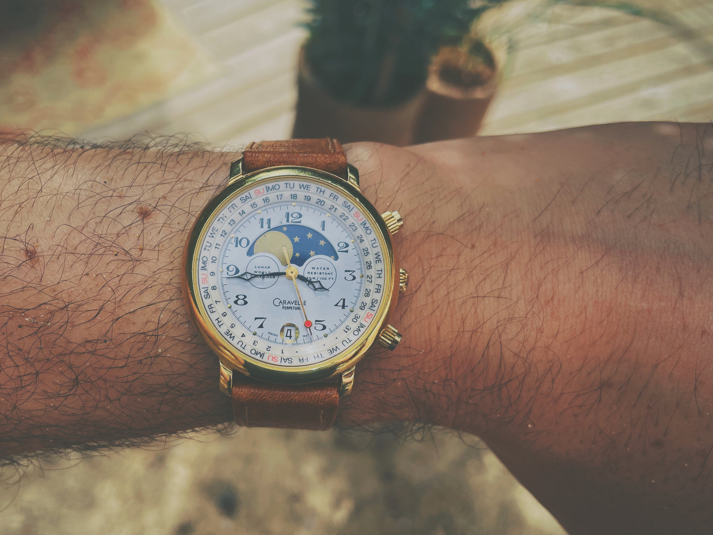 (1980s) Caravelle Perpetual dress watch - white dial with moon phase (serviced)