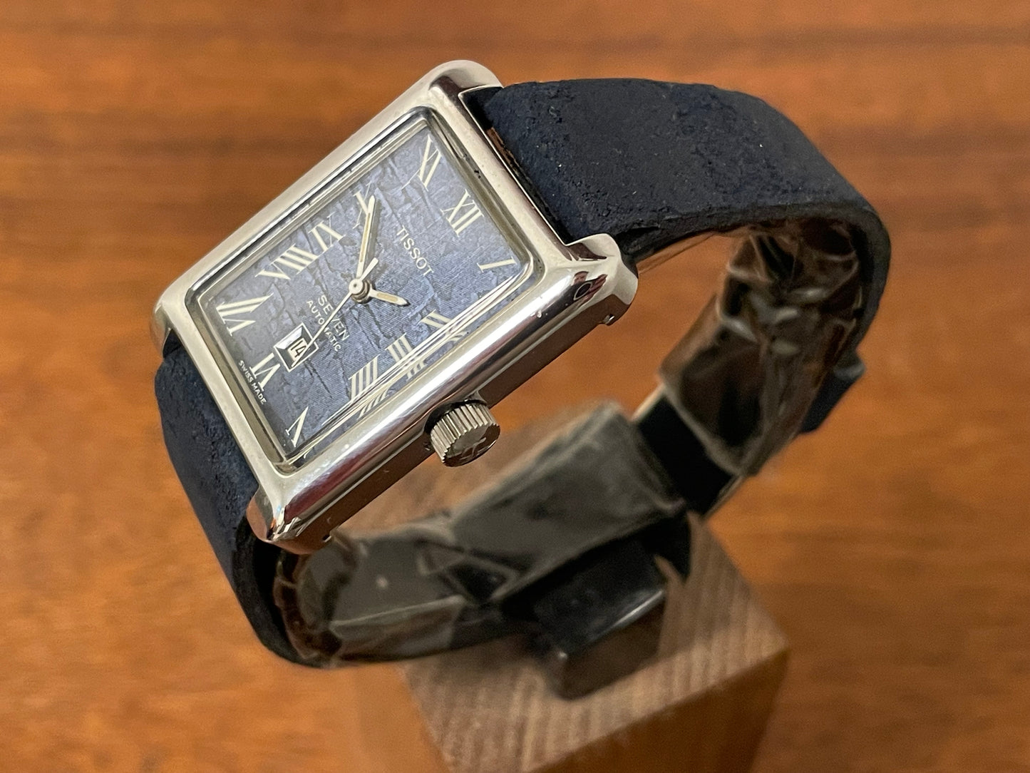 (1970s) Tissot Seven automatic "Tank" - lavender abstract graphic dial w/ white Roman numerals (NOS)