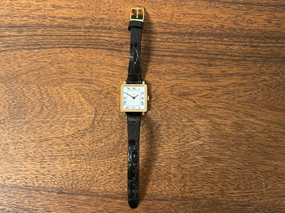 (1970s) Timex 527-201 "Tank" dress watch - gold case - white dial w/ Roman numerals - small size (NOS + Full set)