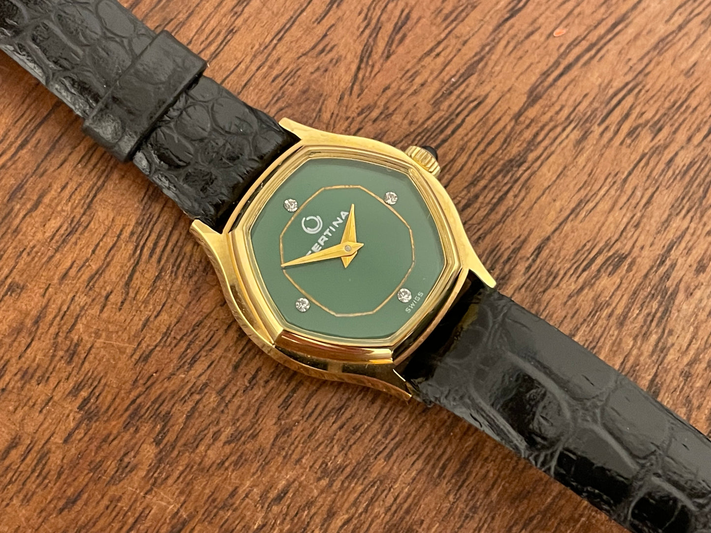 (1970s) Certina 6797 dress watch - gold plated 10M case - green dial w/ diamond markers - small size (NOS)