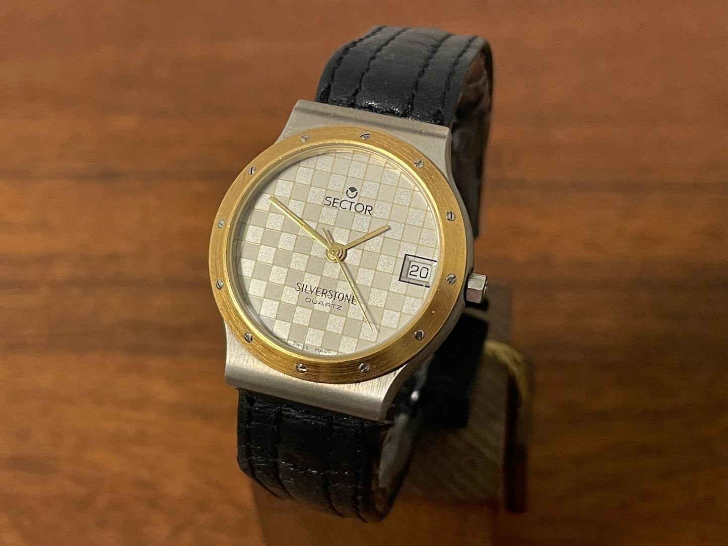 Front side (1990s) Sector Silverstone - silver checkered dial w/ date - small size (NOS)