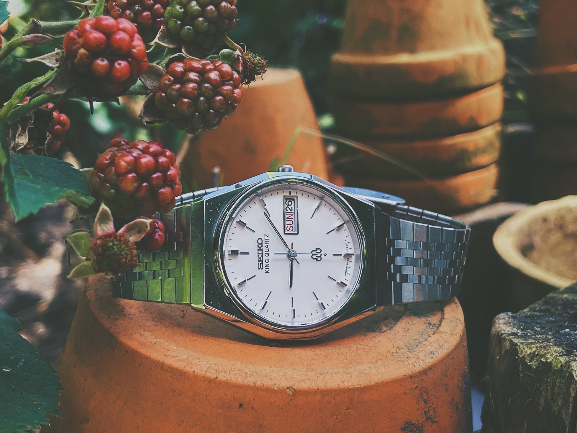 Vintage Seiko King Quartz 9923-7000 on a pot