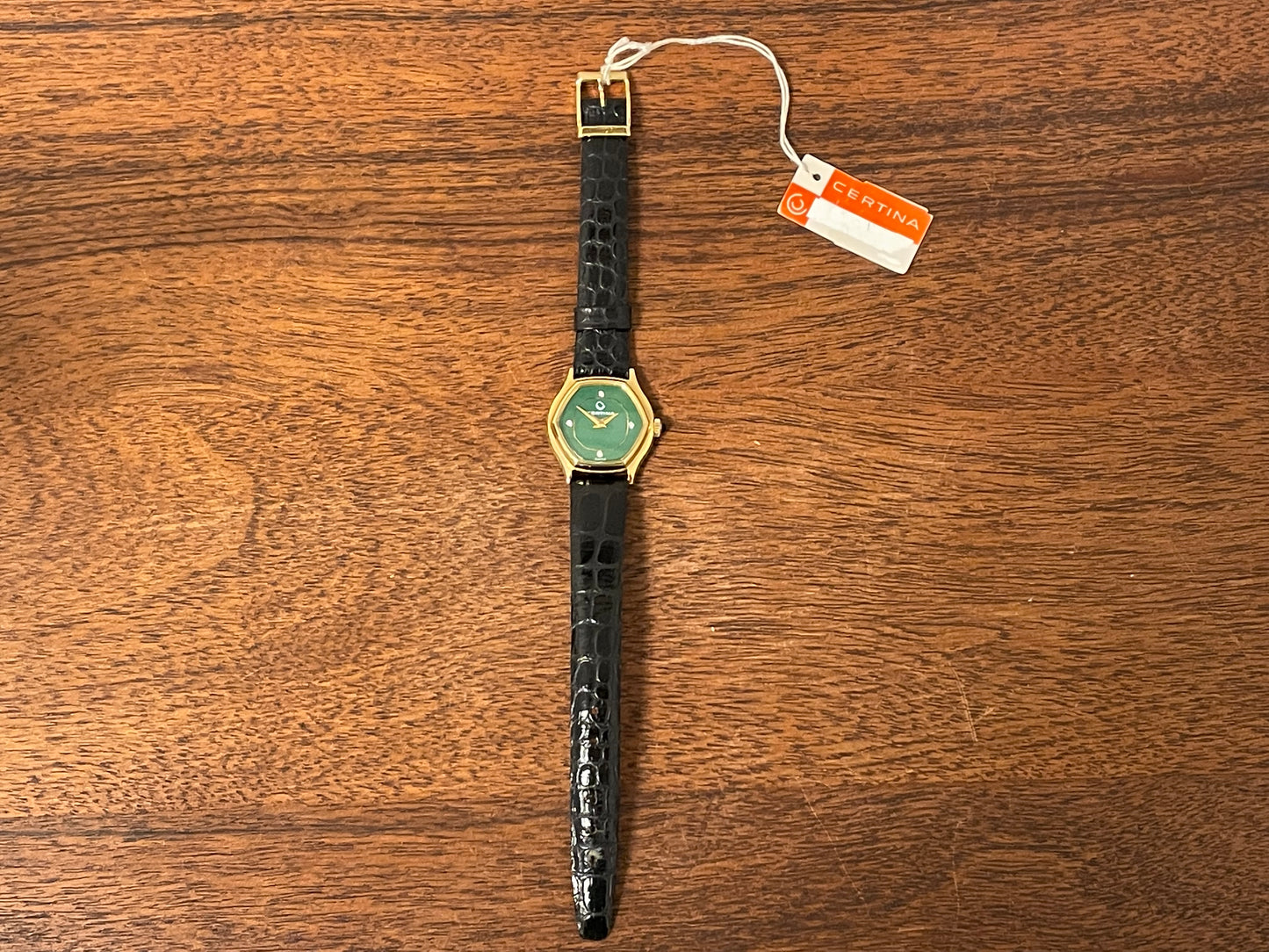 (1970s) Certina 6797 dress watch - gold plated 10M case - green dial w/ diamond markers - small size (NOS)