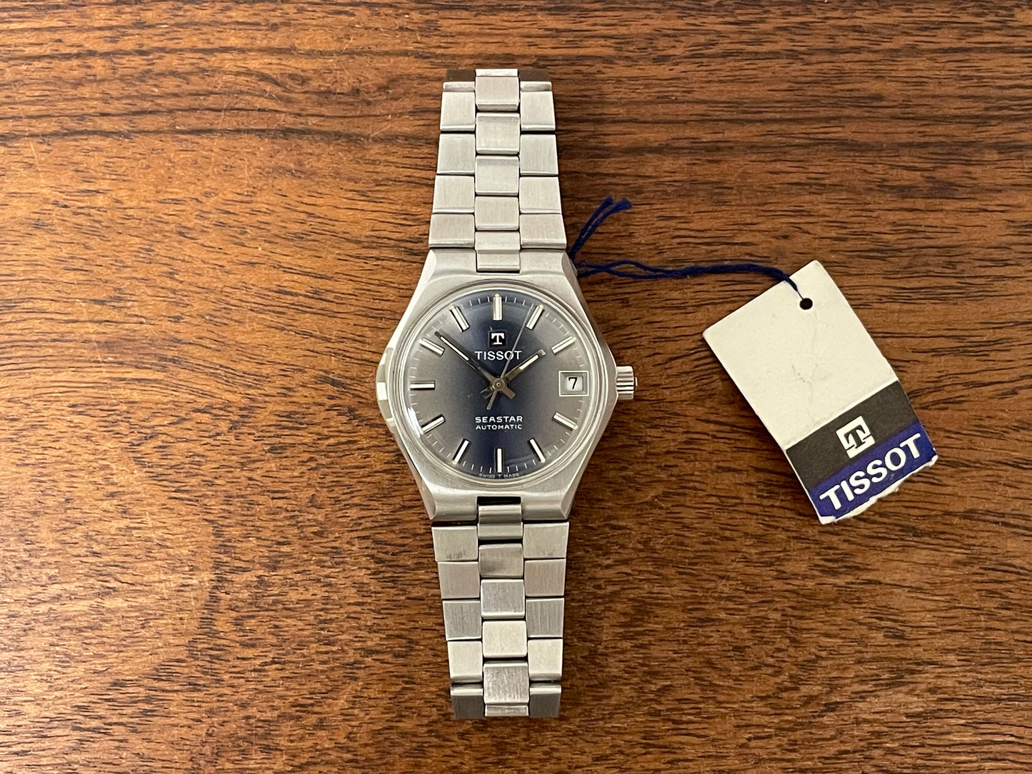 (1970s) Tissot Seastar automatic - blue/silver sunburst dial w/ silver stick markers - small size (NOS)