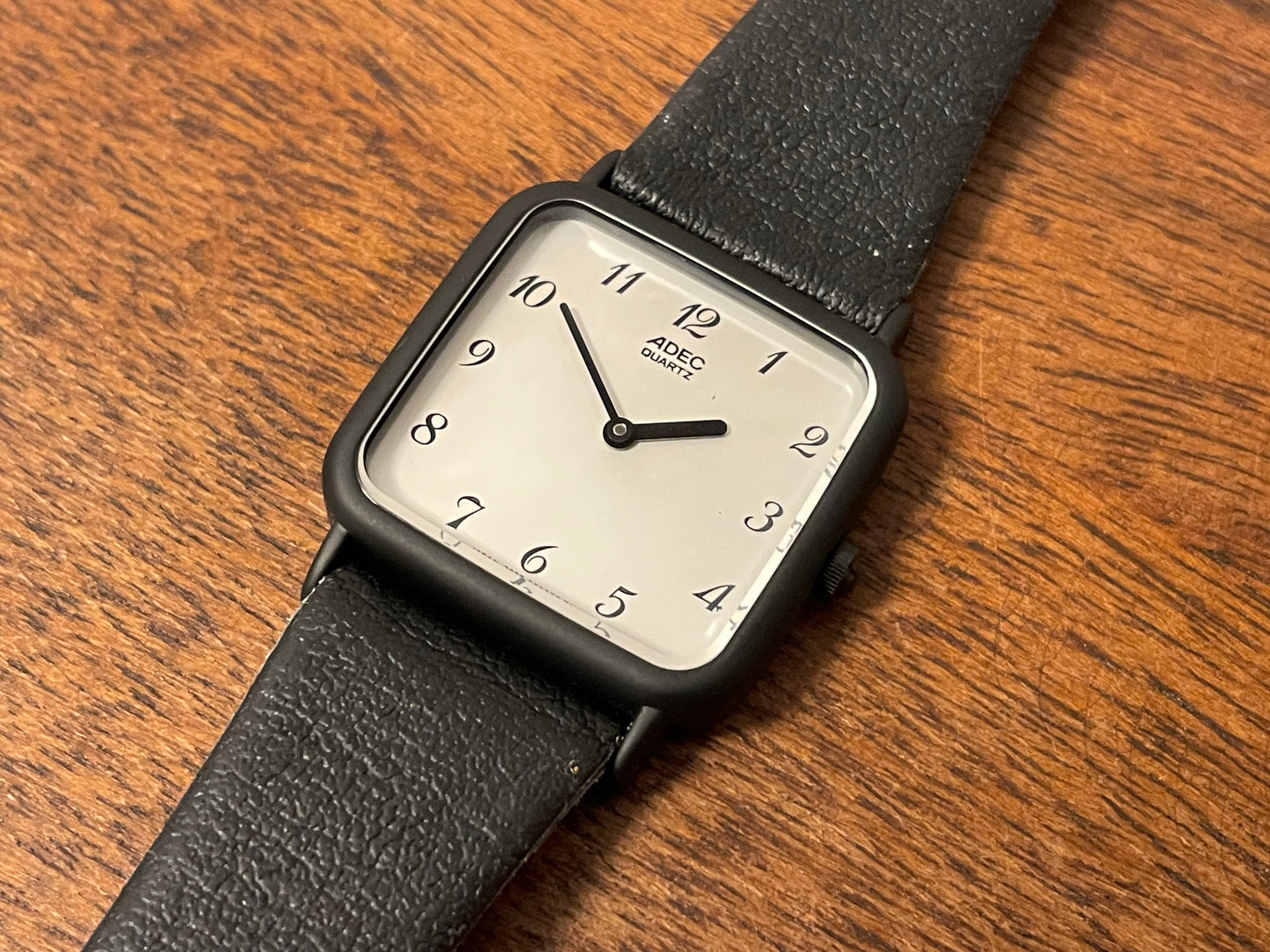 (1983) ADEC (by Citizen) 2028-395808 "TV case" - black case - silver dial w/ black Arabic numerals (NOS)