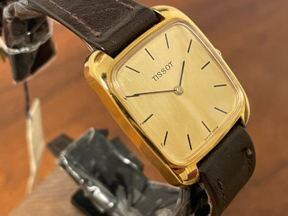 (1970s) Tissot 642-10778 Stylist dress watch - gold square case - gold brushed dial w/ gold stick markers - small size (NOS)