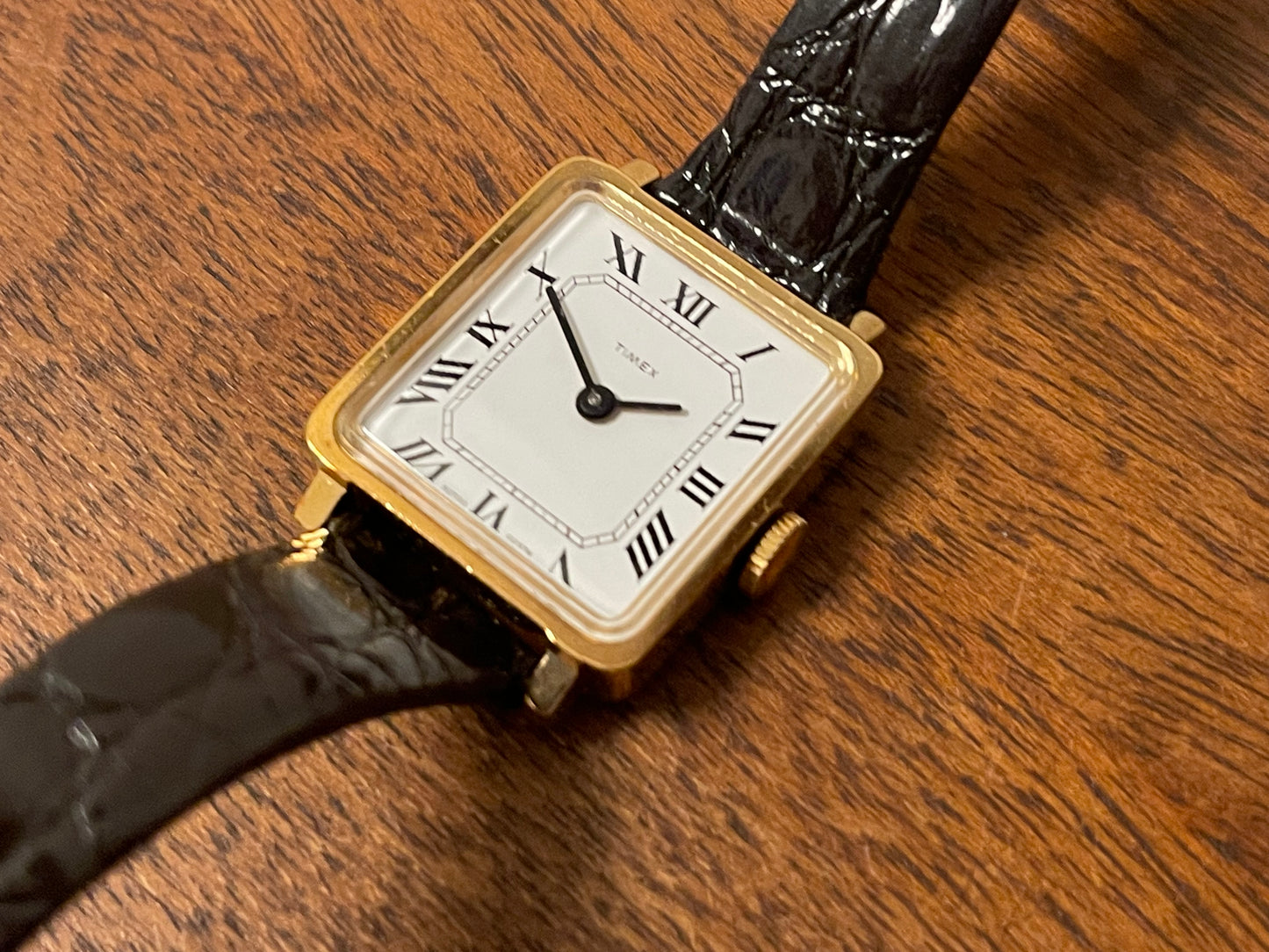 (1970s) Timex 527-201 "Tank" dress watch - gold case - white dial w/ Roman numerals - small size (NOS + Full set)