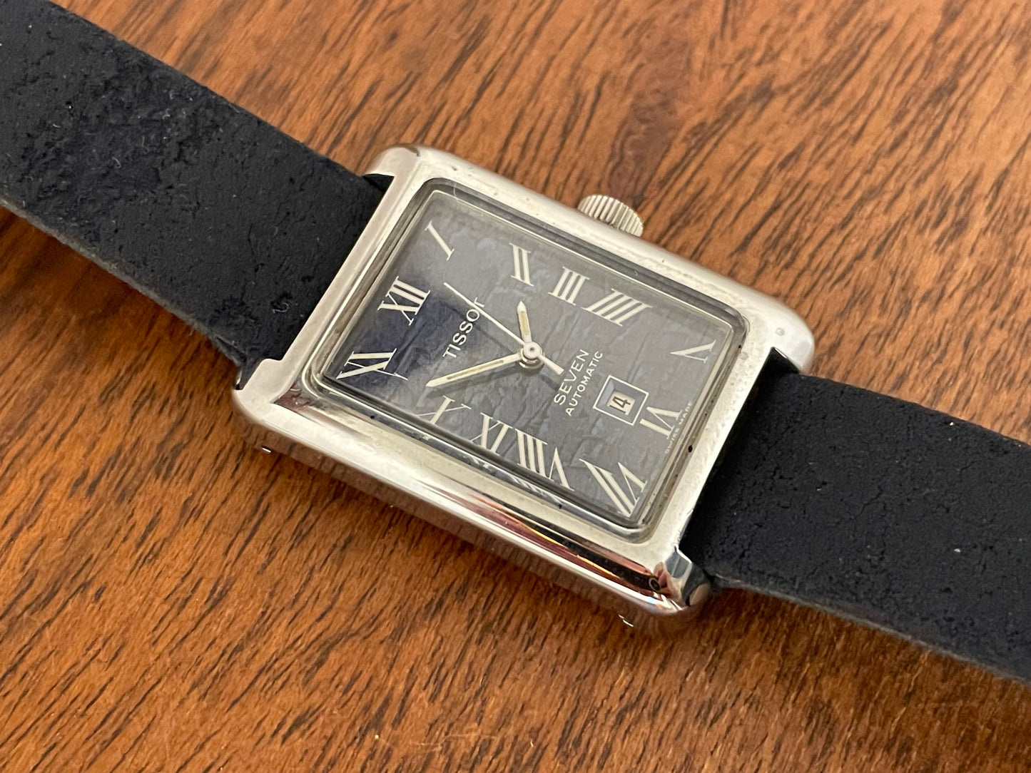 (1970s) Tissot Seven automatic "Tank" - lavender abstract graphic dial w/ white Roman numerals (NOS)