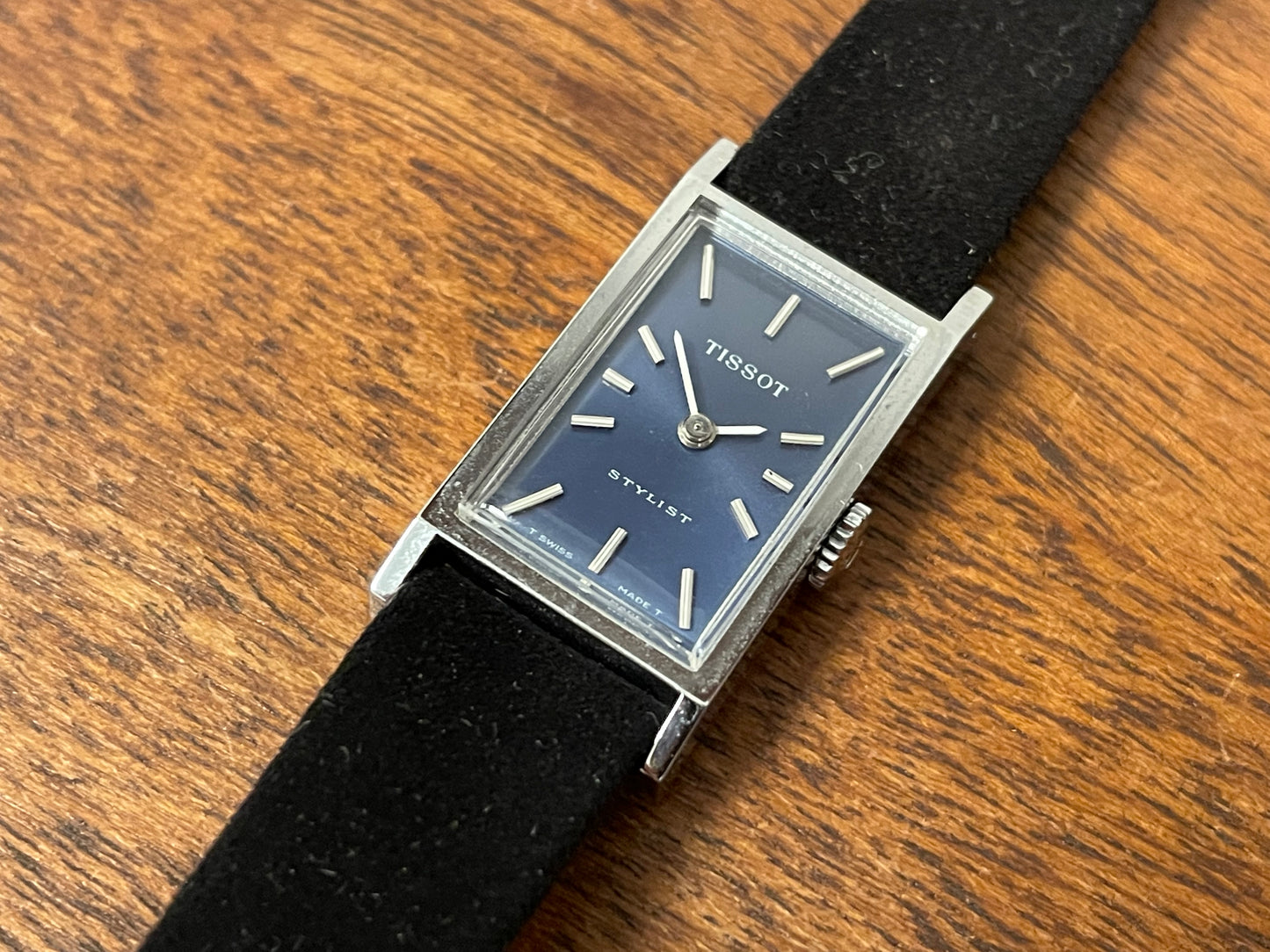 (1970s) Tissot 10676 Stylist “Tank” dress watch - blue sunburst dial w/ silver stick markers - small size (NOS)