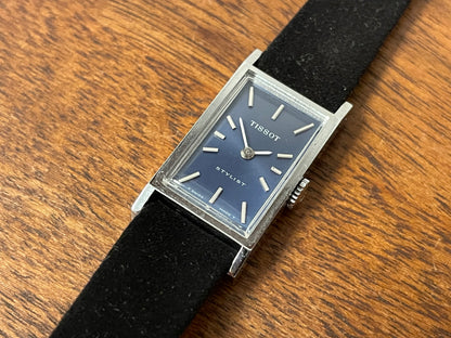 (1970s) Tissot 10676 Stylist “Tank” dress watch - blue sunburst dial w/ silver stick markers - small size (NOS)