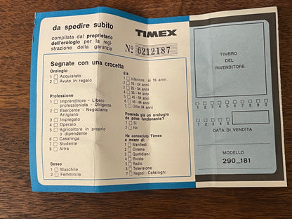 (1970s) Timex 290-181 UFO - orange plastic case - white dial w/ silver markers - small size (NOS + full set)